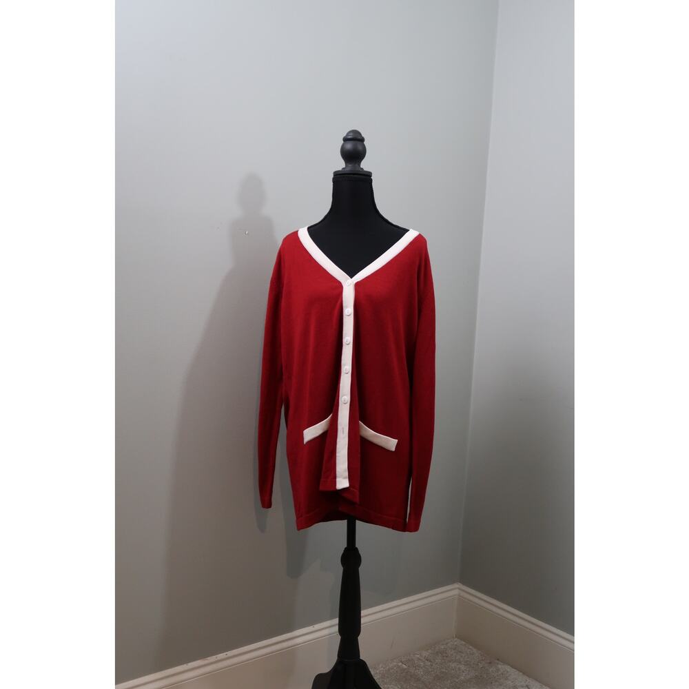 BFA Classics Red Contrast Trim Cardigan Womens XL Longline Button Front